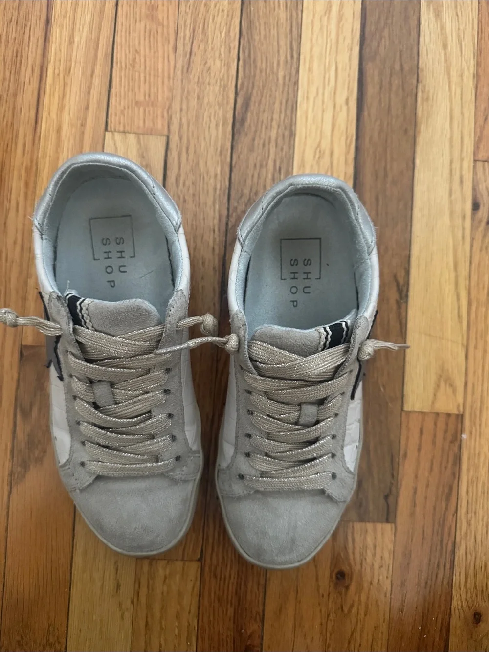 ShuShop Beige Suede Sneakers with Black Star Detail